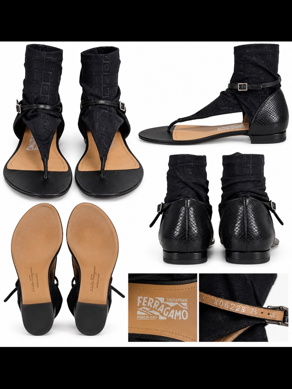 Salvatore Ferragamo Black Leather & Fabric Ankle Gladiador Sandals